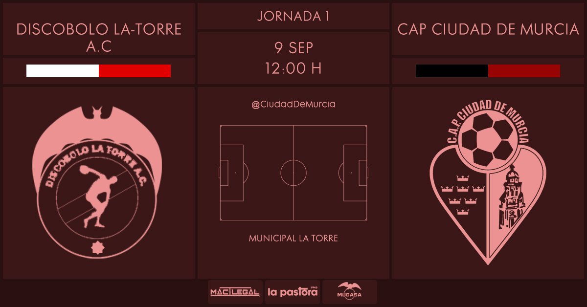 /FEMENINO/

📣 2ª División. Jornada 1:
⚽️ <a href="/discobolo_fem/">Discobolo La Torre A.C ⚽👧</a> vs <a href="/CiudadDeMurcia/">CAP Ciudad de Murcia</a> 
🗓️ Domingo 9 de septiembre
🕗 12:00 horas
📍 Municipal La Torre, Valencia