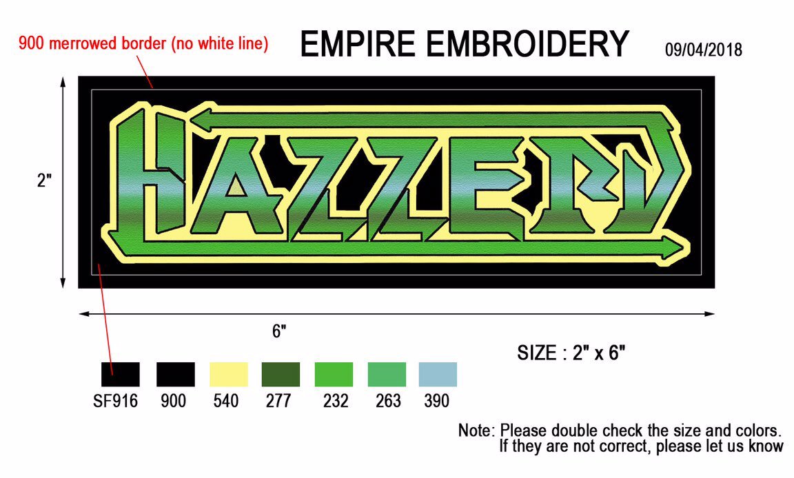 The Hazzerd embroidered patches are about to get underway, these will be 2x6” in size as will only be available with the Apocalypse Edition of the vinyl release...
 
nosliprecords.bigcartel.com