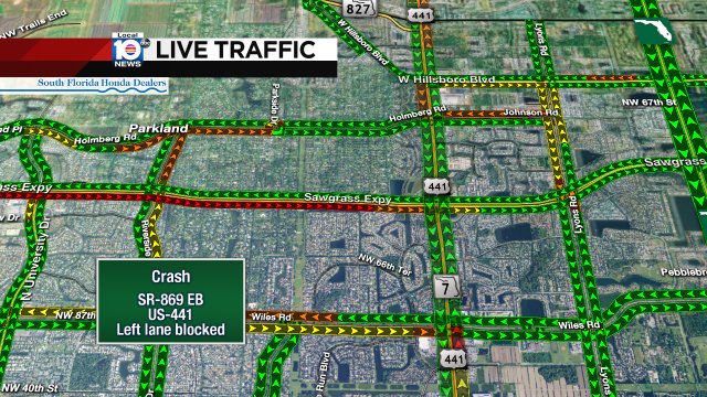 #TRAFFICALERT Crash on SR-869 EB at US-441. Left lane blocked. Take Wiles Rd for a faster commute. https://t.co/aMEnAfvJgE