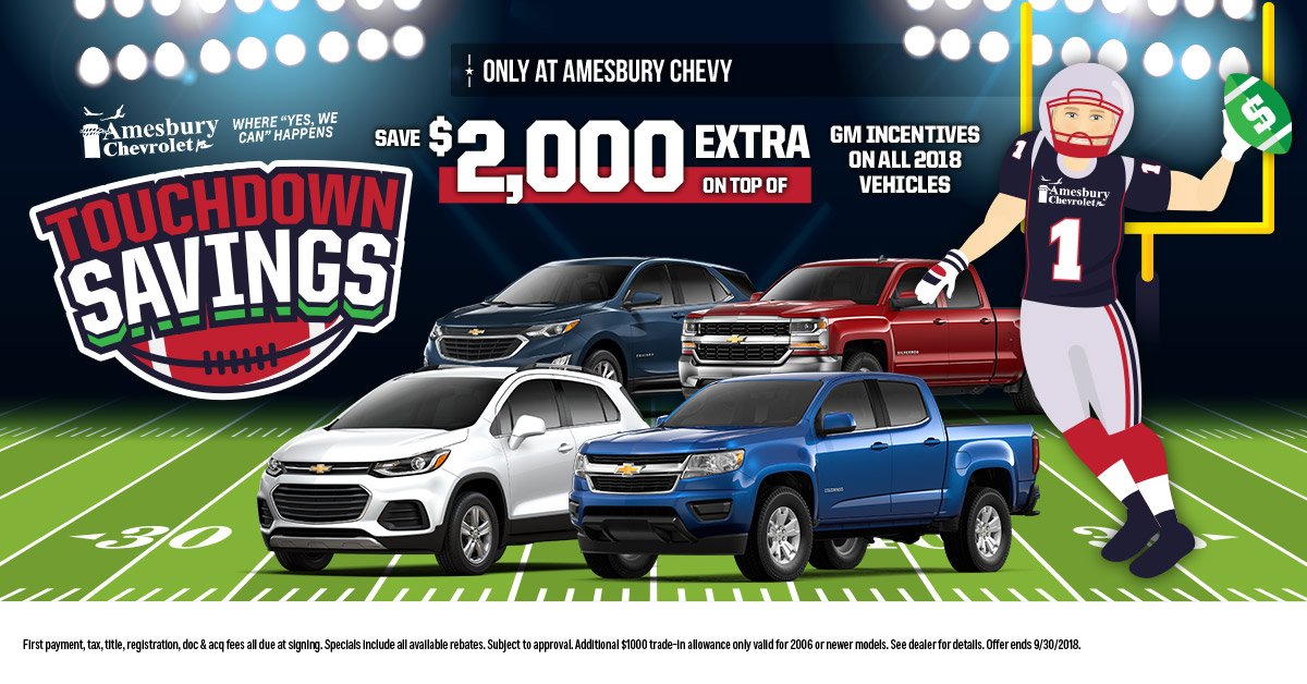 Amesbury_Chevy's tweet image. Celebrate the kickoff of the 2018 football season and save $2,000 extra on top of GM incentives on all 2018 vehicles at Amesbury Chevrolet! goo.gl/D3ryxp #TouchdownSavings