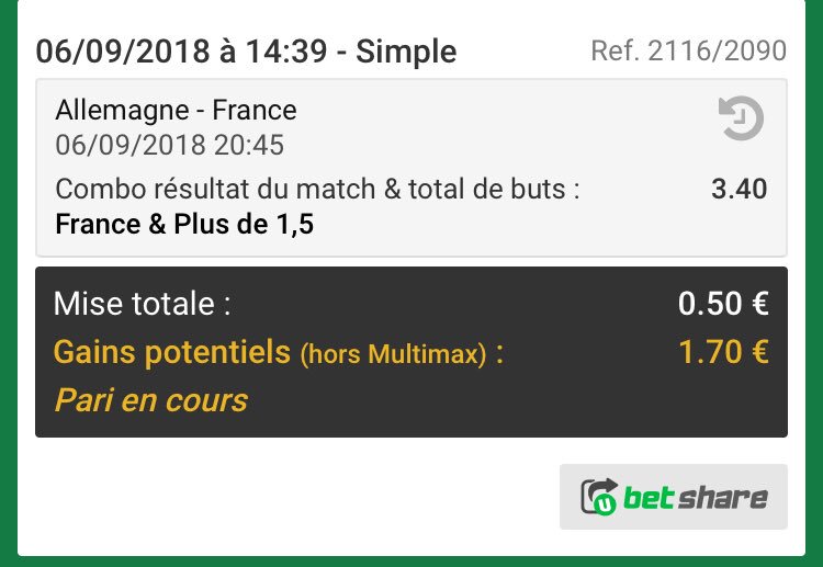 JuKe_AR's tweet photo. C’est parti pour la #JKproject 

⚽️ France ou nul + Pays de galles ou nul 1,72 | 2% 

🎾 Bryan/Sock + Kubot/Melo 2,11 | 1%

⚽️ France et +1,5buts | 3,40 | 0,5% 

On pousse !!! 💪💪💪

Bk après bet : 99€53 
#TeamParieur #Parionsport https://t.co/PI1kPjUJfd