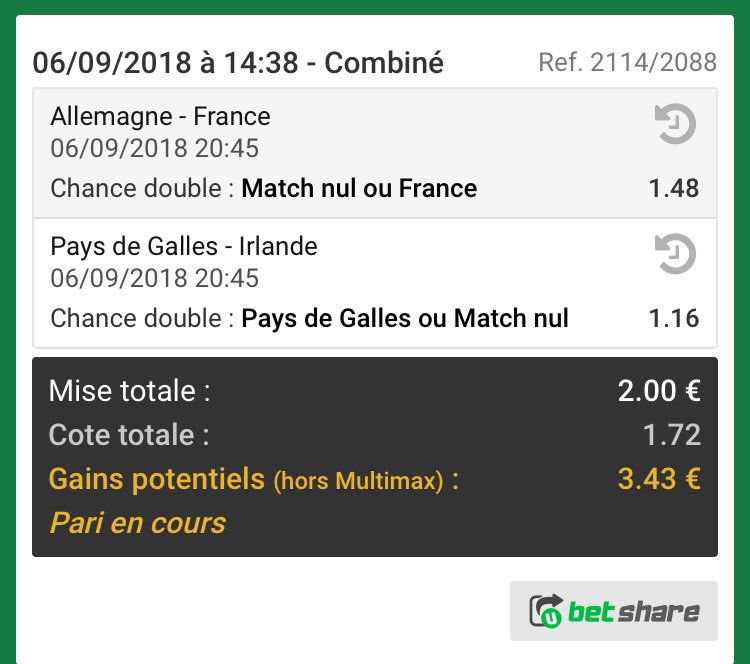 JuKe_AR's tweet photo. C’est parti pour la #JKproject 

⚽️ France ou nul + Pays de galles ou nul 1,72 | 2% 

🎾 Bryan/Sock + Kubot/Melo 2,11 | 1%

⚽️ France et +1,5buts | 3,40 | 0,5% 

On pousse !!! 💪💪💪

Bk après bet : 99€53 
#TeamParieur #Parionsport https://t.co/PI1kPjUJfd