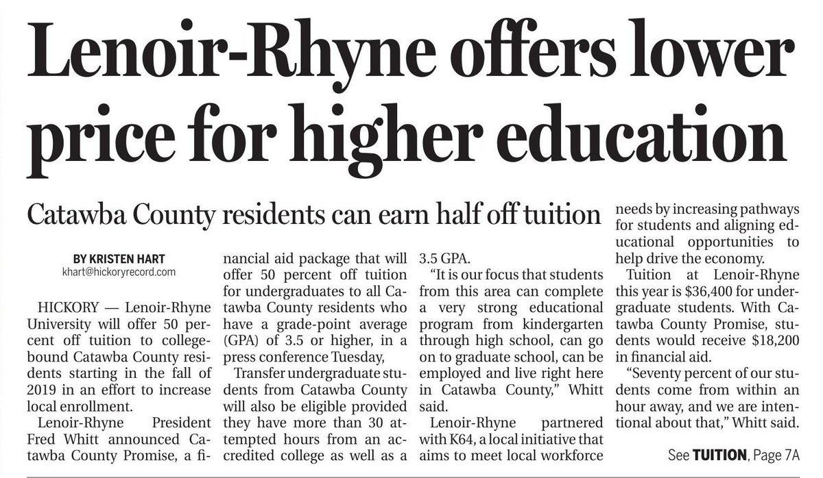 hickoryschools's tweet photo. A great opportunity for high school students! Lenoir-Rhyne University offers 50% off tuition in Catawba Co. for students w/a 3.5 GPA! (Still apply other academic and athletic scholarships.) Maintain a 2.5 while attending LRU. #hpspartners #hickoryschools #thankyouLRU #k64learning https://t.co/fEVg7tzTWs