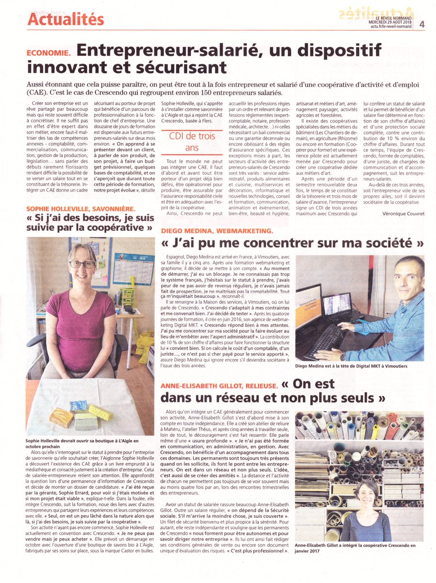 CrescendoCae's tweet photo. ➡️ Zoom sur la #CAE et sur 3 entrepreneur(e)s de l'#Orne dans l'édition du 29/8 @ReveilNormand 😃 Article riche en infos avec des témoignages éclairants sur un statut "innovant et sécurisant" 👍 #ESS #CreerSonEmploi https://t.co/EsxZQ5rbHE