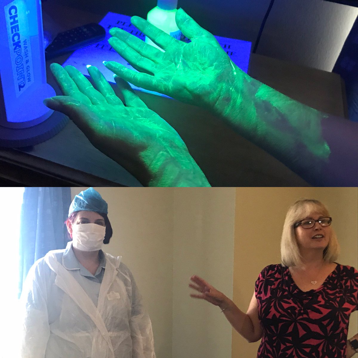 Some photos from today's Infection Prevention &amp; Control Training - Bottom is discussing overkill in certain situations with PPE and the top is of the wash and glow kit that we use to show germs and the benefit of good hand washing technique. 
#training #Infectioncontrol #care