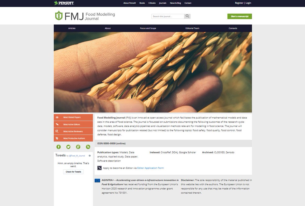 New #OA journal to publish mathematical #models &amp; #data sets in the area of #FoodScience.
Welcomes outcomes across the research cycle:
data, models, software, data analytics pipelines &amp; visualizations, &amp; more.
▶️fmj.pensoft.net
#foodsecurity #agriculture #openscience