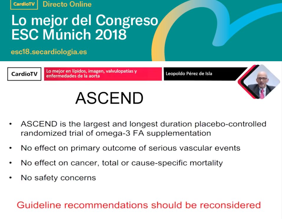 secardiologia's tweet photo. .@leopisla: "Los ácidos grasos omega 3 NO disminuyen eventos CV en diabéticos sin enfermedad CV" #PostESC18. Sigue su intervención en https://t.co/APaaMKjlgx https://t.co/pUhfGQkDGO