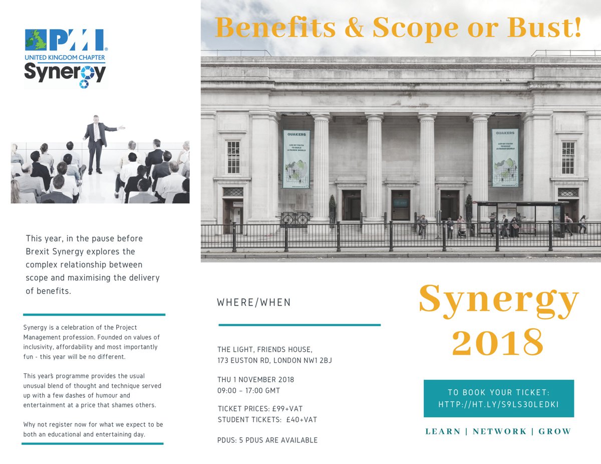 PMI_UK_Chapter's tweet photo. Join us for PMI UK Chapter Synergy 2018, topic of the day is 'Benefits & Scope or Bust!' on 1st of November 2018 at The Light, Friends House. To book your tickets https://t.co/M2sEtD357h https://t.co/RjQHS32WkP