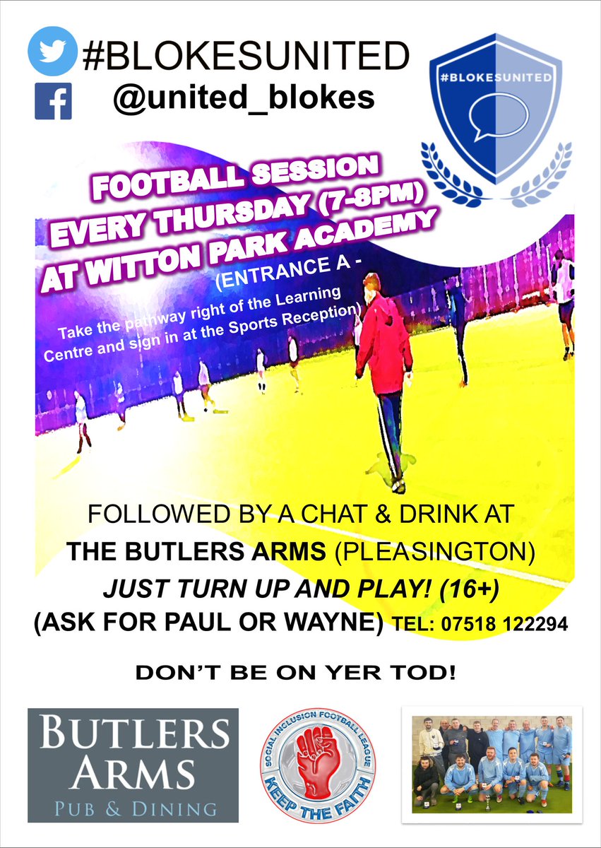 united_blokes's tweet image. Yeeeeesss fellas! It's Thursday, #footballtherapy night. Football, fitness,fun n banter. Meet some new people. Its a friendly atmosphere, Inclusive. Don't matter about ability, or age. Get yourself down. Come n see what all the noise is about. Top #peersupport. Don't be on ya tod