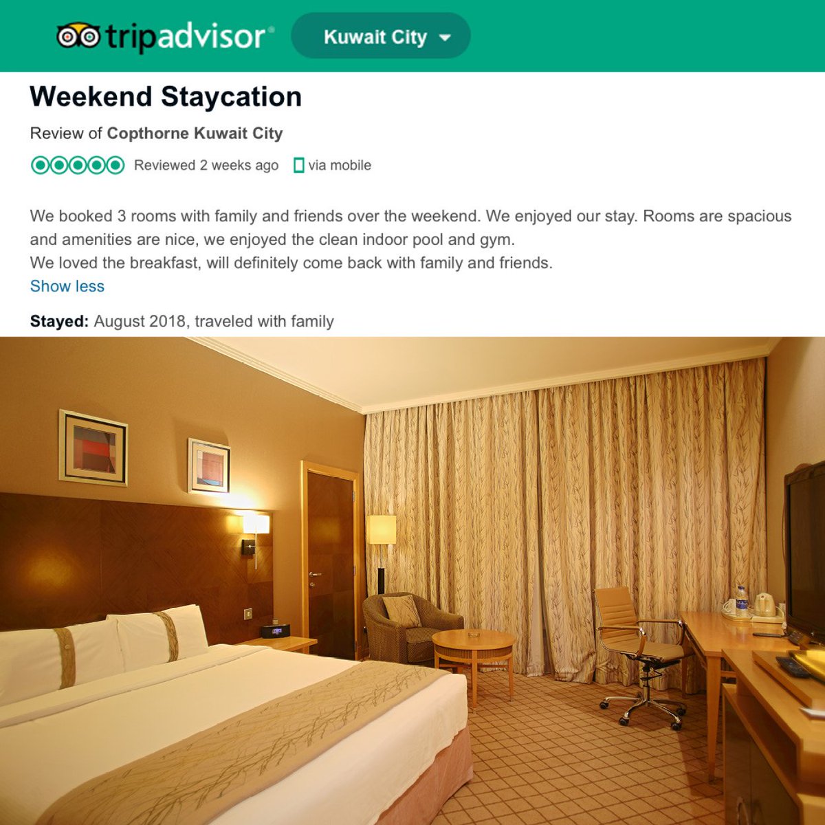 Copthorne_Kwt's tweet photo. We are humbled by your positive feedback &amp; look forward to see you again! 
#Tripadvisor #GuestReview #CopthorneKuwati #Saudia #Oman #Kuwait #Feedback #Happy
https://t.co/SSTZkprONe https://t.co/lFf3q6fs0n