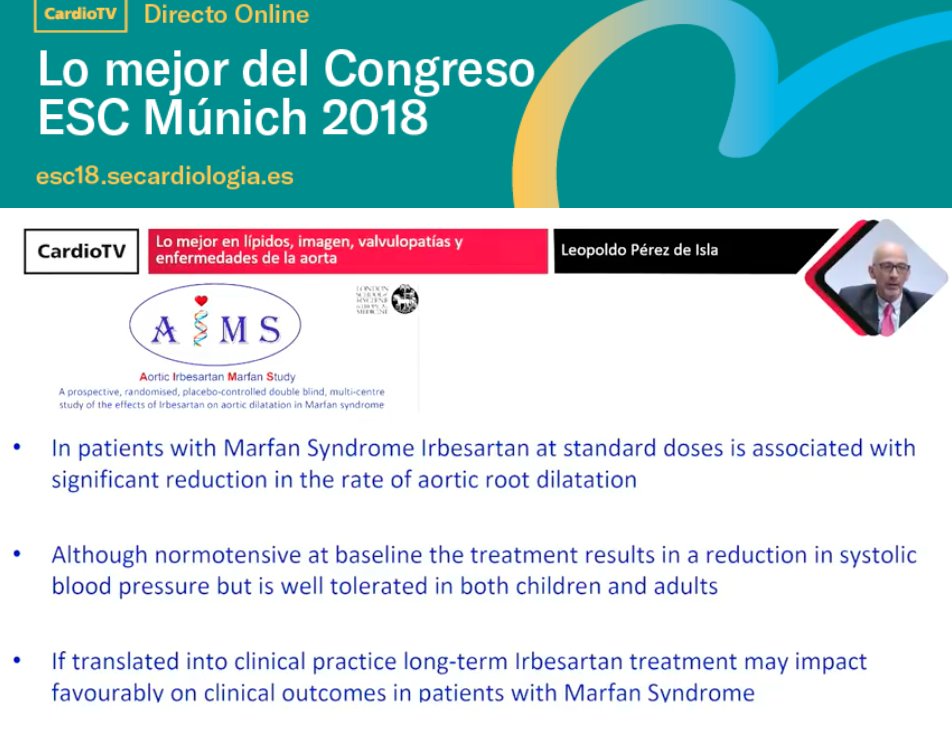 secardiologia's tweet photo. "En pacientes con síndrome de Marfan, irbesartán reduce la dilatación de la raíz aórtica", dice @leopisla. Síguelo el directo online #PostESC18 en  https://t.co/APaaMKjlgx https://t.co/Z66SbAOP52