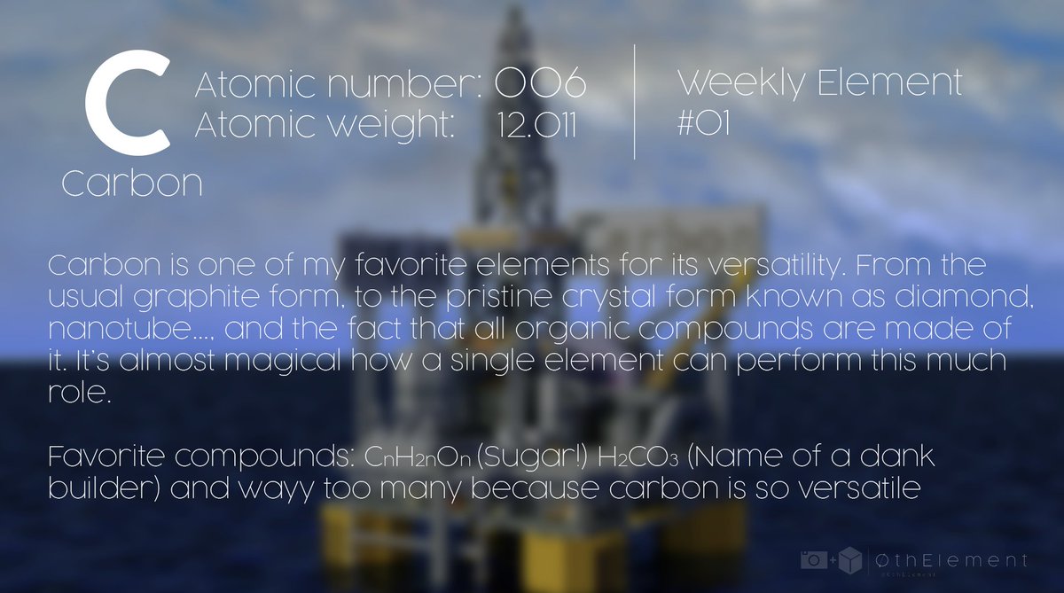 0thElement's tweet photo. #WeeklyElement #01
   「Carbon - C: Oil rig 00612」 

I'll try to make a build themed around an element every week, starting from today. Time may fluctuate because I'm a busy student, so do apologize!
I don't have any rule to choosing an element, btw. Size is always 50x50. https://t.co/HMC4LWeZNT