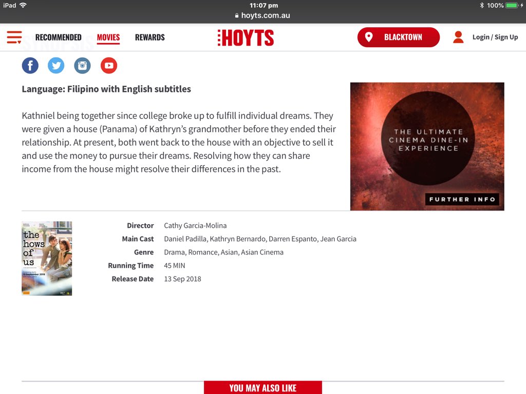 patdeleon59's tweet photo. #TheHowsOfUsWorldPremiere 
Hoyts Blacktown &amp; Liverpool, Australia: use your Optus Perks membership to buy multiple tickets to treat your family, friends etc &amp; earn 500 pts on your link Qantas rewards 
PS: I’m sure error lang yung 45 mins running time &amp; used KathNiel instead P&amp;G https://t.co/sedSaTkYMc