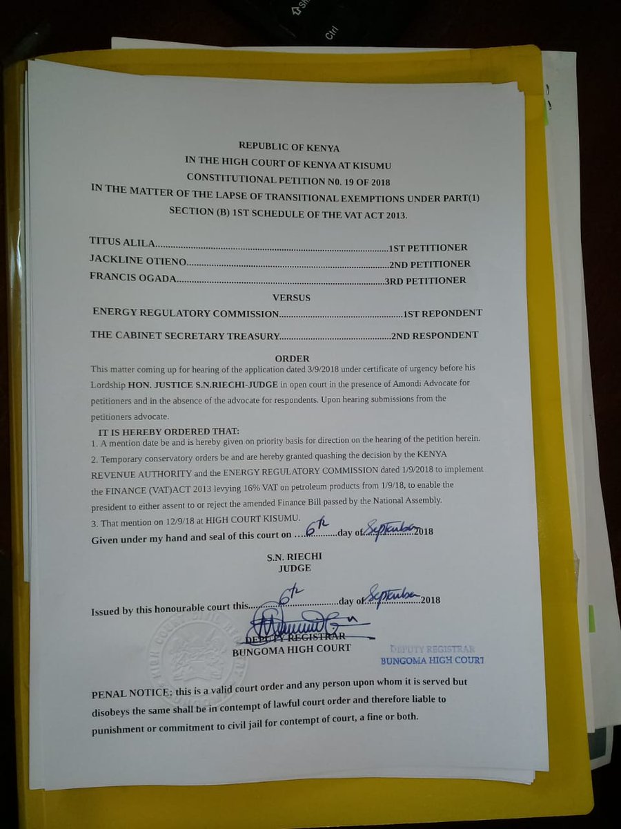 muokimathew's tweet photo. High Court quashes implementation of the Finance (VAT) Act 2013, levying 16% VAT on petroleum products #fuelpricemustfall
Kenya should also focus on bringing down the cost of energy. https://t.co/8c8BZ0VYHu