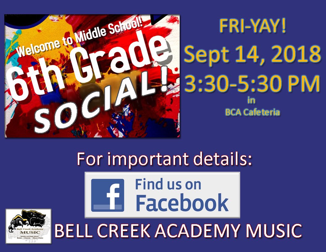 6th grade social! Pay on K12, bring your permission slip to the door! 🐾🎉🎶🍕