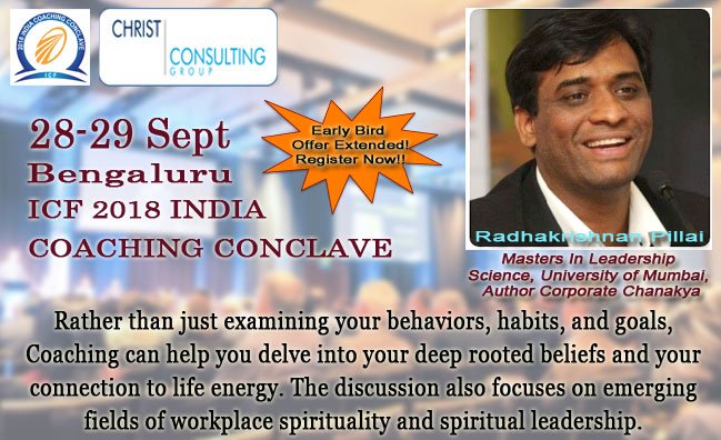 ICF2018India's tweet photo. Attend Master classes, workshops and speaker sessions for deeper insights &amp; networking at its best.

Eastern Philosophy and Coaching
Session by Dr. Radhakrishnan Pillai

Don't miss the extended Early Bird Offer! Register Now!! 
https://t.co/0EhiFsAvMR
@ICFBengaluru @icfdelhincr https://t.co/cORz9jZL66