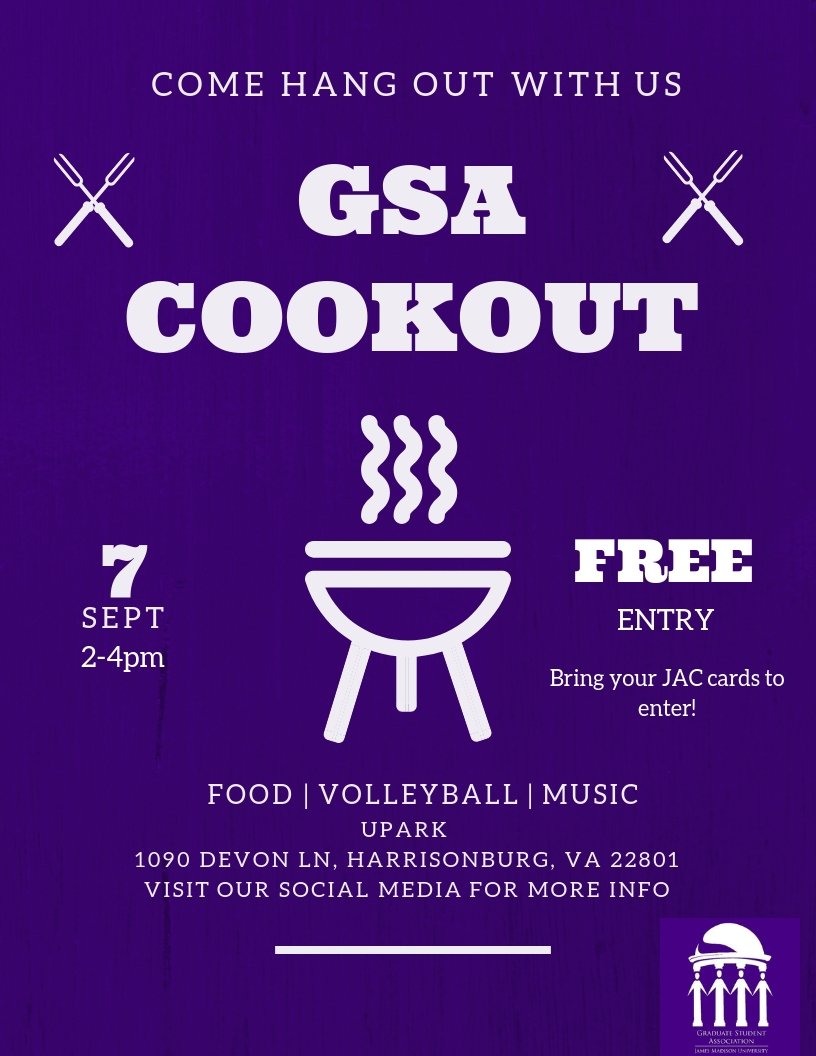 JMUGSA's tweet image. Set your schedules! Tomorrow afternoon there will be a free cookout and sand volleyball for all grad students from 2-4pm at UPark. Make sure to bring your JAC cards. See you there!