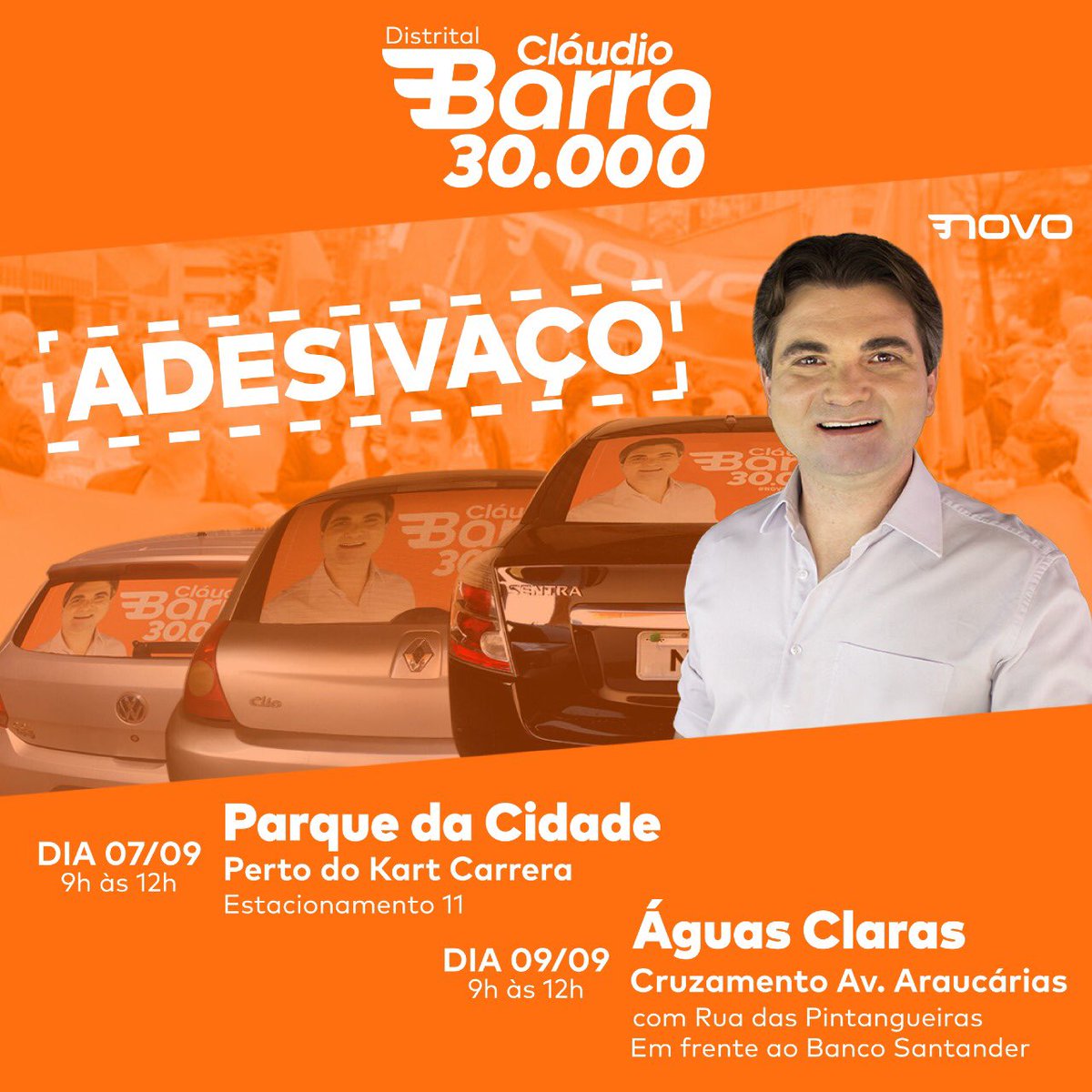 Vem aí, feriado de 7 de Setembro e domingão com adesivaços do Cláudio Barra 30.000. Aproveite para deixar seu carro com a onda laranja que contagiou o DF. Participe! #vamosrenovartudo #ondalaranja #naoreelejaninguem #brasilia #brasília #brasiliadf #brasíliadf #aguasclarasdf