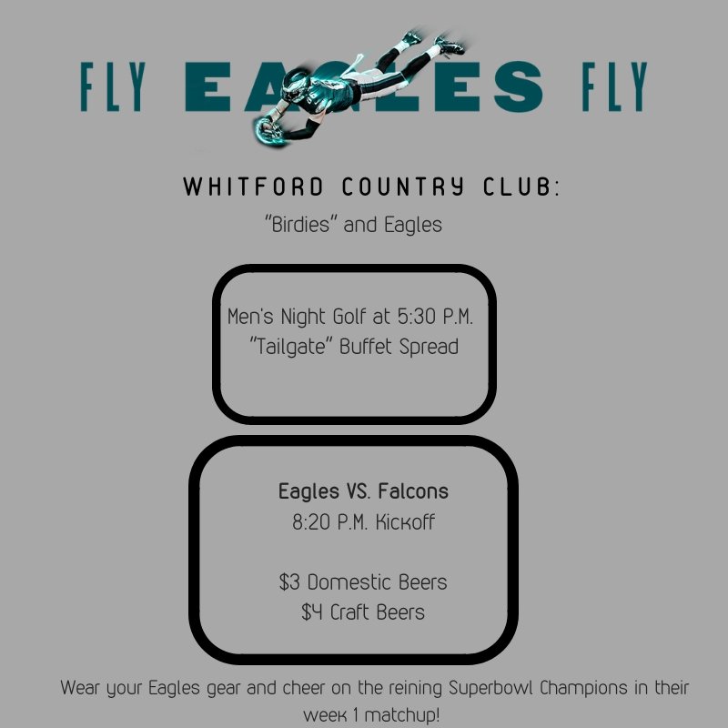 Come out and join us tonight for the Eagles kickoff at 8:20 vs. The Atlanta Falcons. Wear your Eagles gear and come cheer on the reining Superbowl Champions!
