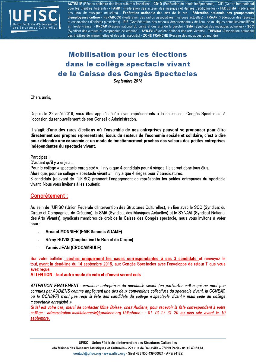 UFISC's tweet photo. Les élections du CA de la Caisse des Congés Spectacle, c'est jusqu'au 14 septembre !  L'enjeu est de taille : il s'agit d'y faire entendre la voix et les valeurs des petites entreprises indépendantes du spectacle vivant. Communiqué de l'#UFISC : https://t.co/zFUpexb9tF https://t.co/b3Obp2QjvA