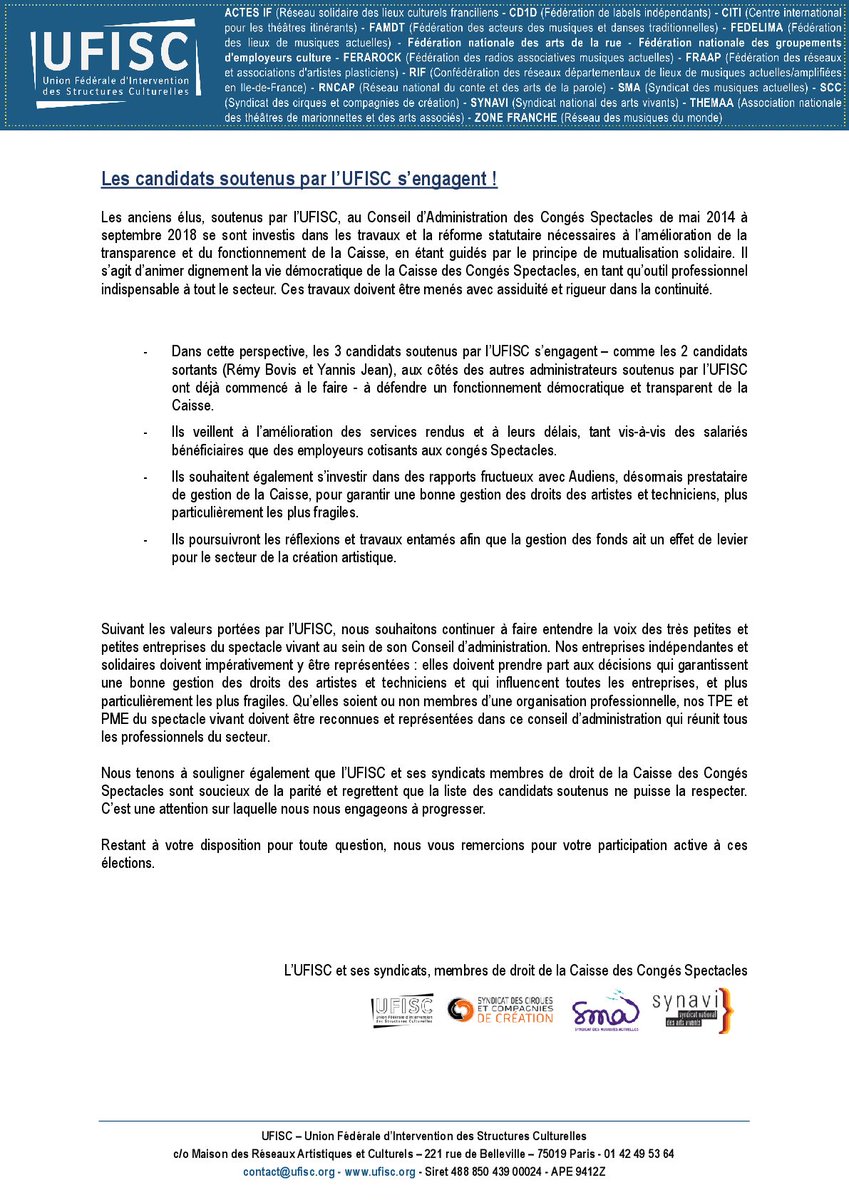 UFISC's tweet photo. Les élections du CA de la Caisse des Congés Spectacle, c'est jusqu'au 14 septembre !  L'enjeu est de taille : il s'agit d'y faire entendre la voix et les valeurs des petites entreprises indépendantes du spectacle vivant. Communiqué de l'#UFISC : https://t.co/zFUpexb9tF https://t.co/b3Obp2QjvA