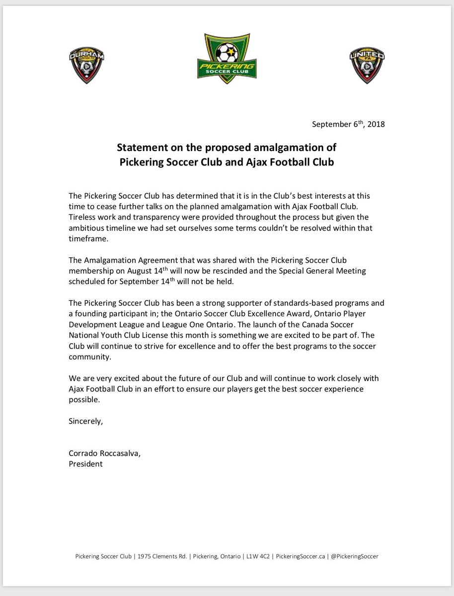 PickeringFC's tweet photo. Statement regarding the amalgamation of Pickering Soccer Club and Ajax Football Club. https://t.co/C520hsvmkR