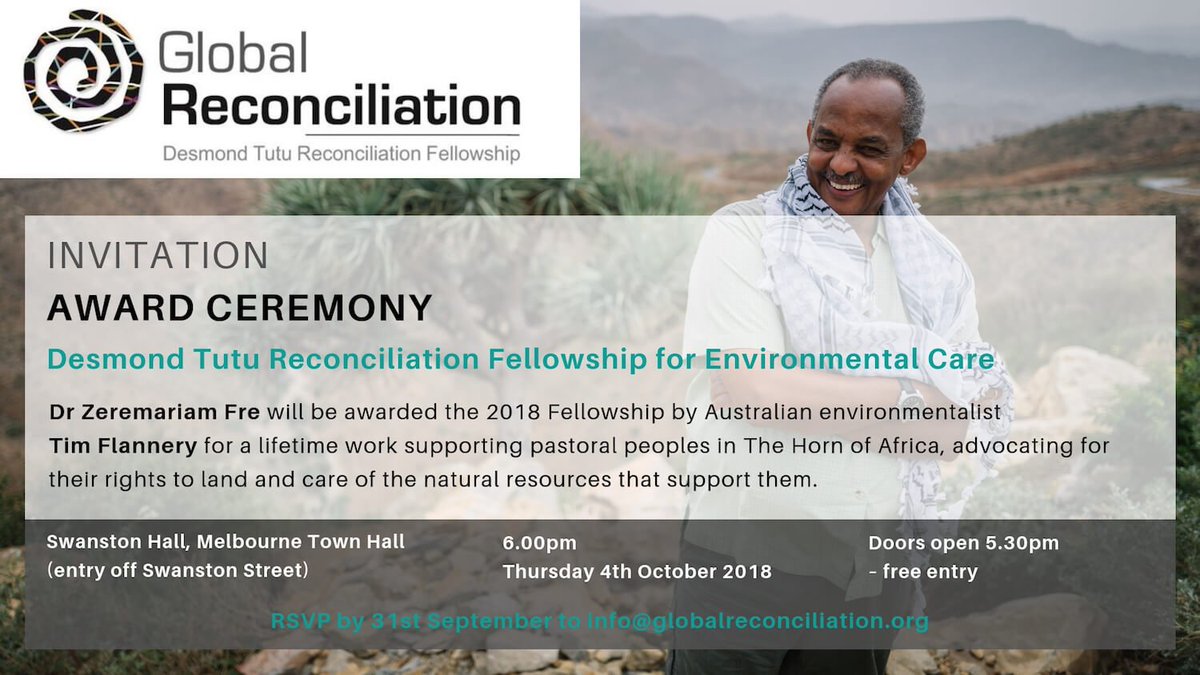 One of Australia’s leading environmentalists and authors @FlanneryTex will share his ideas and present Dr Fre with the 2018 Desmond Tutu Reconciliation Fellowship at an award ceremony at the Melbourne Town Hall on Thursday, 4 October at 6 pm - FREE ENTRY bit.ly/2wLYI20