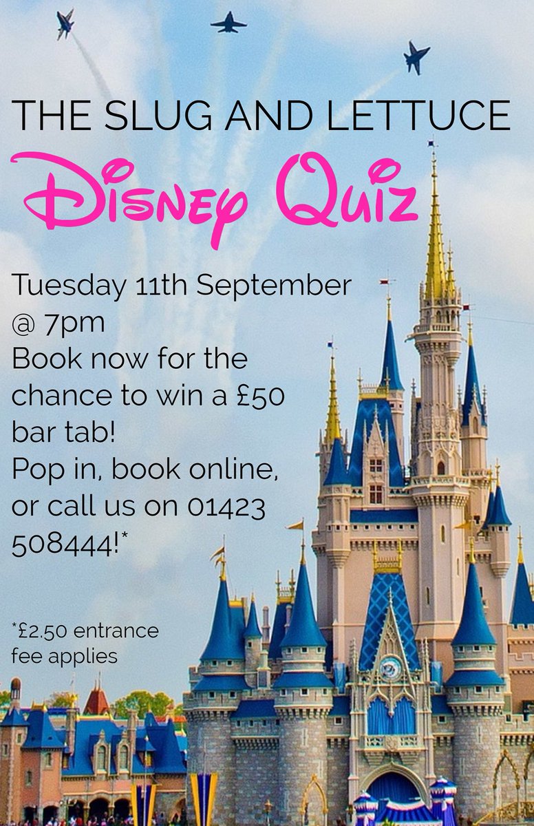 slugharrogate's tweet photo. Love Disney? Love quizzing? Book your table now for our Disney SpeedQuiz on 11/09. £2.50 entry fee applies and tables are selling out fast so send us a message to confirm you place now! #disneyquiz #harrogate #disneyquiz #speedquizzing #slugandlettuceharrogate #slugharrogate https://t.co/7srF4JnkuN