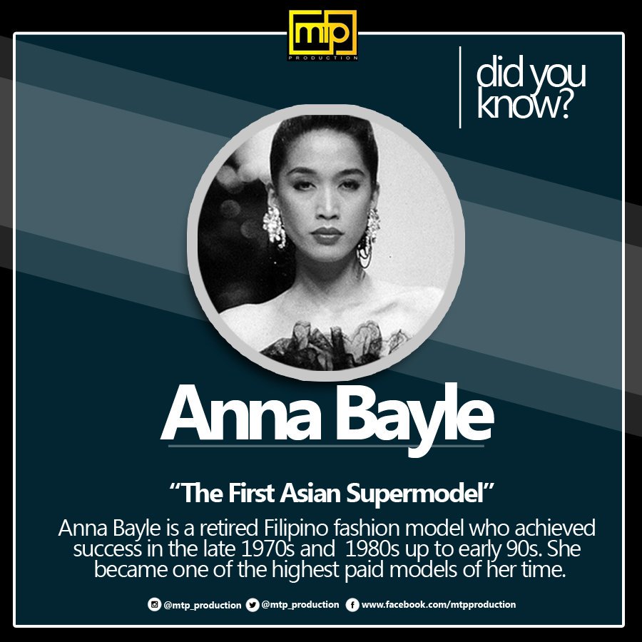 mtp_production's tweet photo. MTP PRODUCTION TRIVIA :
Did you know that ANNA BAYLE is the First Asian Super model? Anna is a retired Filipino Fashion Model who achieved her success in the late 70's and 80's up to early 90's.
#AnnaBayle #DidYouKnow #MTPproductionTrivia #Trivia #Supermodel #AsianSupermodel https://t.co/atdWZAe3ld