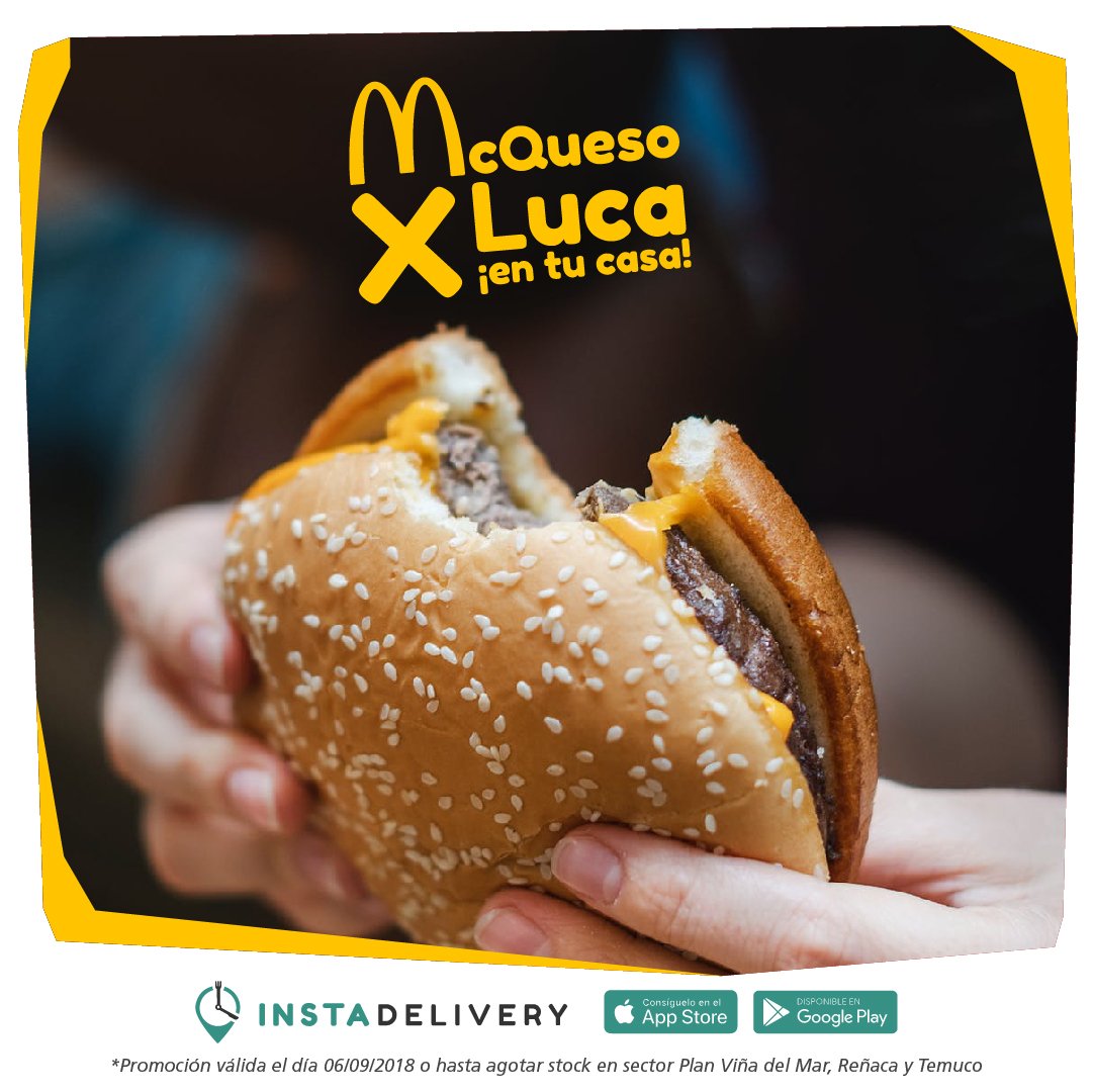 InstaDeliveryCL's tweet photo. Hoy vuelve la #promo que transformará este día en un #FelizJueves 😍🍔¡¡McQueso x Luca en Tu Casa!! Entra a https://t.co/brPLbX62z1 o descarga nuestra app, ingresa tu dirección y luego busca McDonalds a Luca.

#Delivery #VinadelMar #Renaca #Temuco #McDonald #Burgers #McQueso https://t.co/MIlh5rid3B