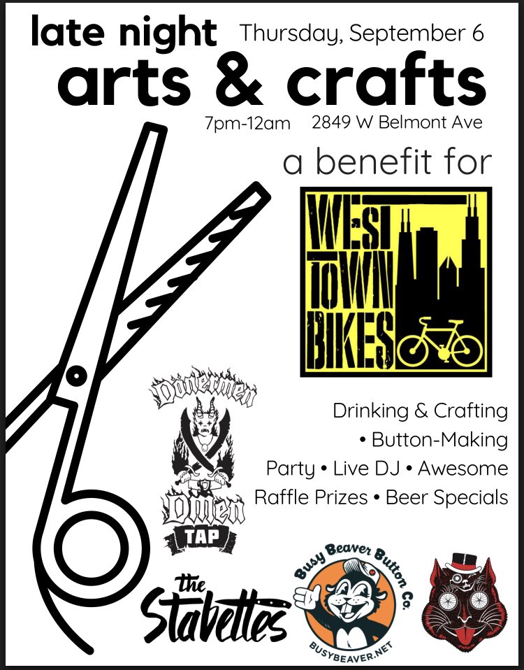 Deen_Dar's tweet photo. 🔥🔥Come to this tonight!🔥🔥
#stabettes, @cutcatschicago, and @BusyBeaver will be volunteering at this benefit for @WestTownBikes TONIGHT at @DMenTap! Help support this community-based bike shop!
•••
#westtownbikes #cutcatscourier #busybeaverbuttonco #dmentap https://t.co/l9Xlx1kZBG