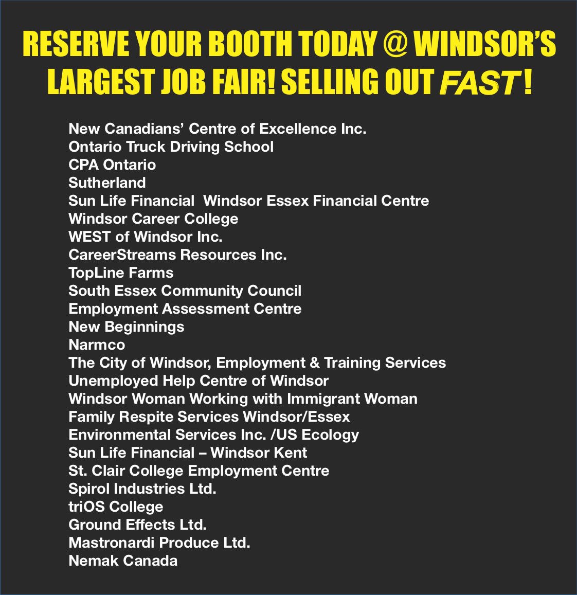 Wow look who already has a booth at JOB DAY! Reserve your booth today October 19, 2018 jobday.ca <a href="/WE_JOBDAY/">Windsor-Essex JOBDAY</a> #YQG #Windsor #RETWEEET @TopLineFarms <a href="/SunLifeCA/">Sun Life Canada</a> <a href="/CPAcanada/">CPA Canada</a> <a href="/ontariotruck/">OntarioTruckDriving</a> @infowindsor <a href="/snapdWindsor/">snapd Windsor</a> <a href="/windsoriteDOTca/">windsoriteDOTca News</a> #workwindsor #jobs #WindsorEssex