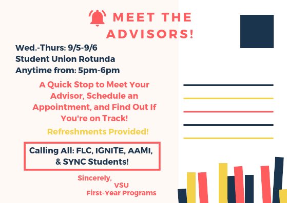 ✨Hey Blazers! Today is the FINAL day of Meet the Advisors! Swing by the Student Union Rotunda to grab a snack, Meet your Advisor, and Sign-Up for an Official Meeting so that You can be All Set for the Spring! 🔥🎉✨ #vstate22