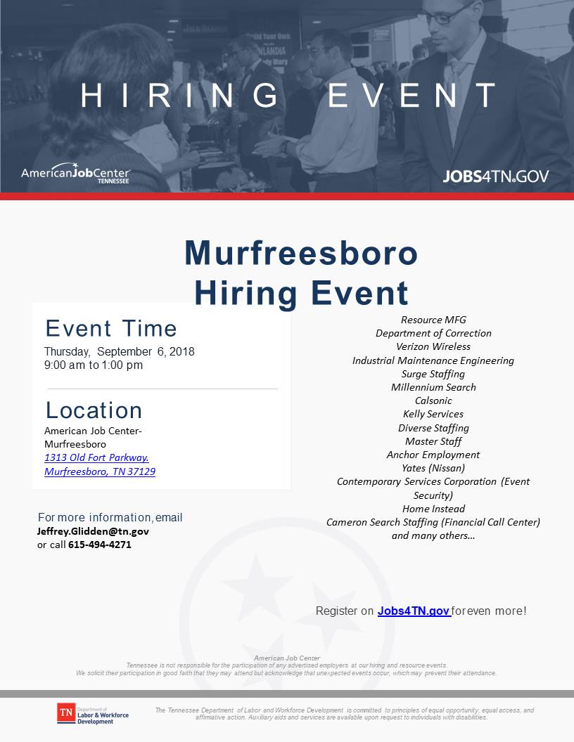 AJCofMidTN's tweet photo. Join us TODAY from 9am - 1pm at our #Murfreesboro location for a hiring event. Top employers include: @verizon, @calsonicjobs, @NissanUSA, #KellyServices, and many more! Launch your new #career today! https://t.co/wcmvaTYw5c