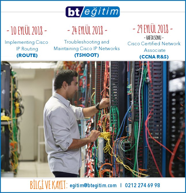 btegitim's tweet photo. Eylül ayını dolu dolu geçirmek isteyenler buraya. ROUTE, TSHOOT ve CCNA R&S hafta sonu sınıfı için açılan sınıflarda yerinizi almak için bize egitim@btegitim.com'dan ya da 0212 274 69 98 numaralı telefondan ulaşabilirsiniz. #Cisco #BTEgitim #egitimeyatırım https://t.co/TtVEjtkhcR https://t.co/eAMxHDs1eb