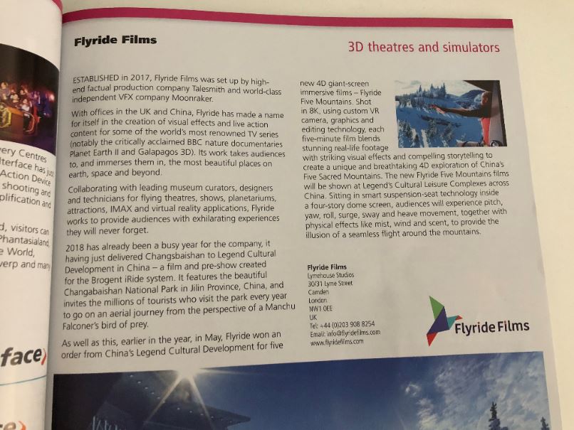 FlyrideFilms's tweet image. Thrilled to see our write up in the latest @InterPark_Mag We've already had such an amazingly productive and busy year and we cannot wait to continue to thrill audiences with experiences they will never forget! @moonrakervfx @Talesmithtv