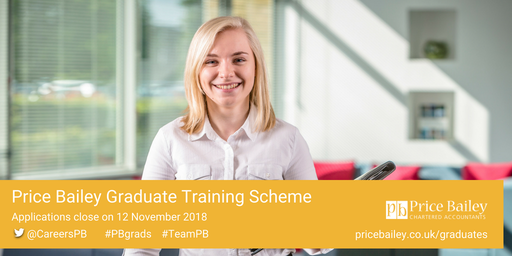 CareersPB's tweet photo. Join #TeamPB apply for the Price Bailey Graduate Scheme 2018/19 First round closes 12/11/2018 https://t.co/JfFEcIMxl7 #graduates #accounting #kickstartyourcareer @CareersPB https://t.co/nuvtly36Wn