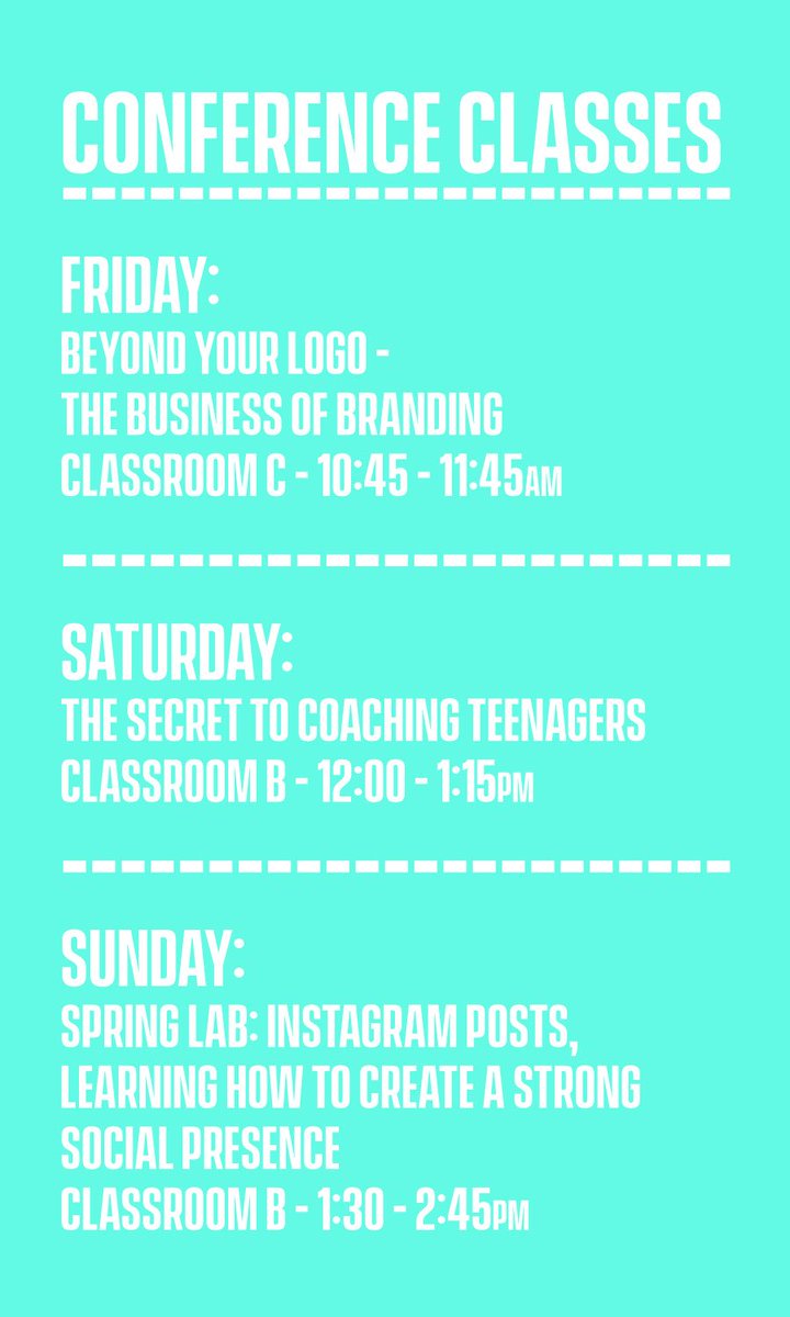 _fullout's tweet photo. Click & Save ⬇️:
My classes this weekend! See you there!
#SpringCon2018
#conference
#graphicdesign
#cheerleading
#fullout https://t.co/LmtyBVMO9z