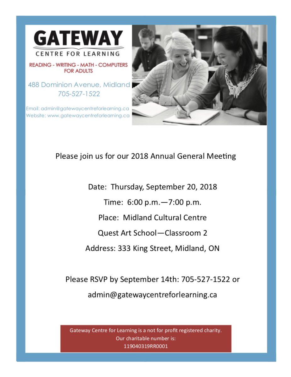 Gateway_Midland's tweet photo. Two weeks until our 2018 Annual General Meeting. Hope to see you there! Check out our web site for more info: https://t.co/jPL43saceW
#charity #literacy #reading #writing #math #computers #GatewayCentreforLearning #adulteducation #lifelonglearning https://t.co/QwRFF4bWas