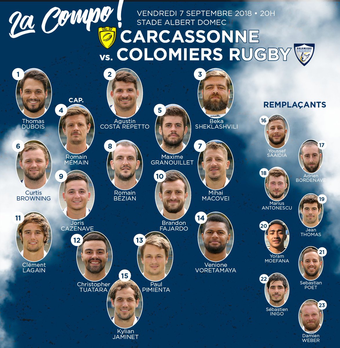 ColomiersRugby's tweet photo. #J4 @rugbyprod2
@USCXV ⚡️@ColomiersRugby
Retrouvez la composition de notre équipe qui se déplacera à Carcassonne ce vendredi à 20h !
#BLEUSFONCEZ ! #USCUSCo https://t.co/2aLQNRolkE