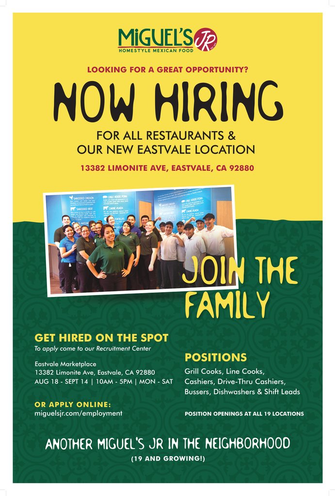 wearemiguels_jr's tweet photo. GET HIRED ON THE SPOT!🌯💰 

Join us for open interviews for our new Eastvale restaurant (OPENING THIS FALL!) and other locations now through 9/14 (MON-SAT 10am - 5pm) at our Eastvale Recruitment Center (13382 Limonite Ave)!

https://t.co/FgzmgbVbo8 || #getpaidtoeat #miguelsjr https://t.co/13WRgL6JtJ