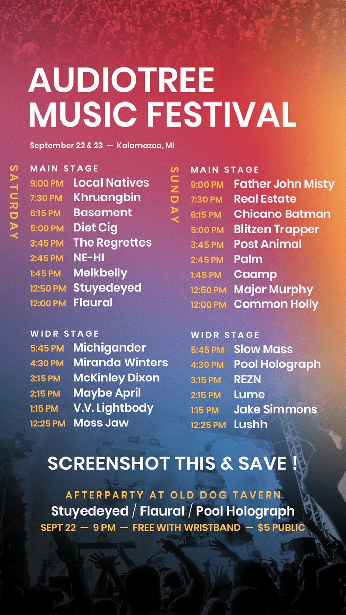 AT LONG LAST...the set times! Plan accordingly--tunes will be fillin Kalamazoo alllll day. 😎

Passes &amp; FAQ are here: audiotreemusicfestival.com