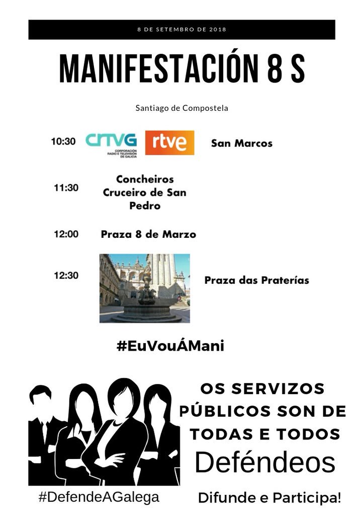 alfhermida's tweet photo. O sábado, imos de mani. Temos ganas de botarnos á rúa e clamar @poladignidade dos medios públicos. @DefendeAGalega e RTVE e acompáñanos. Empezamos ás 10,30 en San Marcos. Aquí tedes os horarios de paso #EuVouÁMani https://t.co/r8So2sYREP