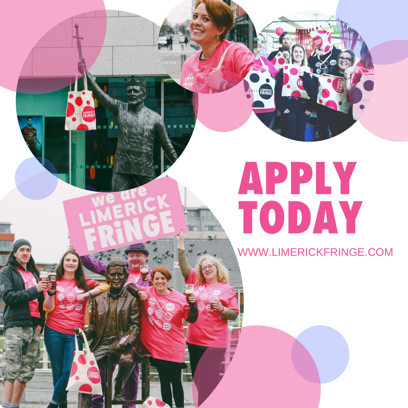 LimerickFringe's tweet photo. Join the madness that is #LimerickFringe by applying for 2019, we're ever so friendly (when not running around like loonies). Just pop over to apply today https://t.co/EiZAX2UGX1

@LimerickArts @LimerickCouncil @TreatyCityBrew @mothermacspub @edfringe @worldfringenet https://t.co/Vh26ySJ4kc
