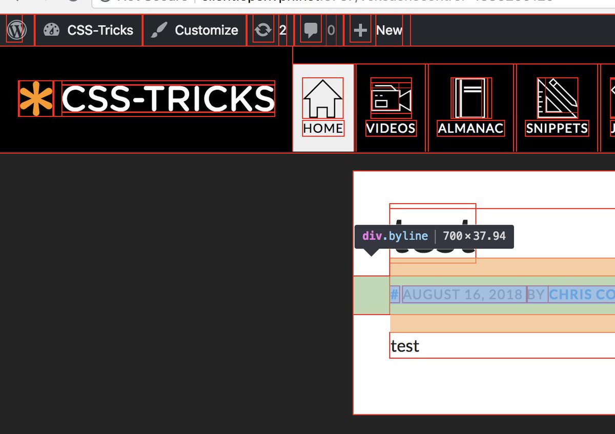 css's tweet image. Classic trick... need to quickly visually see the rectangles that make up all the elements on a page? Toss:
```
* { outline: 1px solid red; }
```
Into the styles for a look.