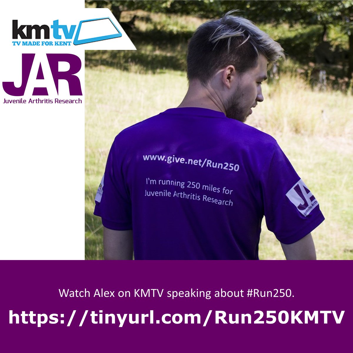 JARProject's tweet photo. Watch Alex on @KMTV_Kent  speaking about #Run250
https://t.co/dXFOSzSXEY 

He is running 250miles over just two weeks to raise awareness of juvenile arthritis. Find out more, and support him, at https://t.co/HJmXlKPTWf https://t.co/K1mBp0FG5G