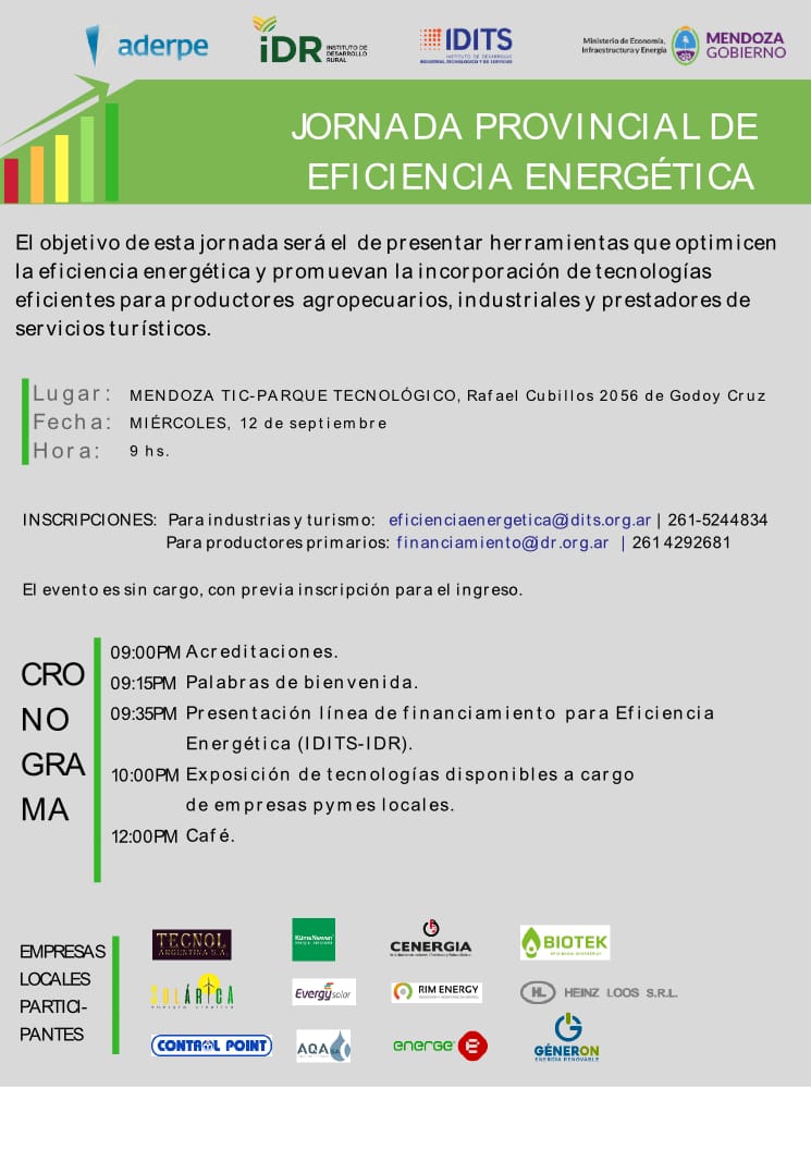 IDITSMza's tweet photo. Jornada Provincial de #EficienciaEnergética en #ParqueTecnológico
Fecha: 12/9 9 hs
Lugar: Mendoza Tic-Parque Tecnológico- Rafael Cubillos 2056 – Godoy Cruz.
Inscribite: eficienciaenergetica@idits.org.ar
@EconomiaMza @IDITSMza
@PRODUCCION_ARG
@IdrMendoza
@aderpe
@BICE_Arg https://t.co/TOXEx2t5eD
