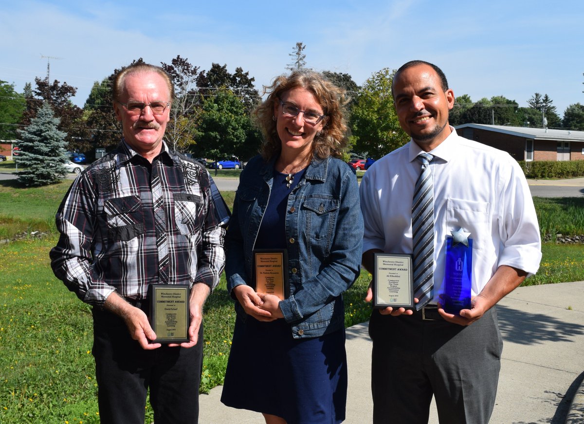 WDMHPride's tweet photo. Congrats to WDMH's Commitment Award recipients. Volunteer David Scharf greets everyone at the front door with a smile & helping hand. Pharmacist Ali Elbeddini is a great listener. And Dr. Patricia Moussette is recognized for her innovative & collaborative style. #WDMHPride https://t.co/x0VeoAKBar