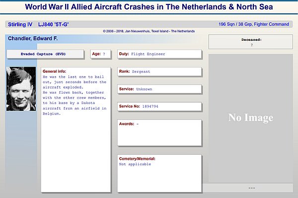 AirWarWW2's tweet photo. Database update: Added photo of F/S E.F.Chandler (EVD); Flight Engineer of #Stirling LJ840 [196 Sqn], which crashed on 20-Sep-1944 NE of Batenburg [Gelderland], Holland. See for more details https://t.co/EUnJoRBtm3 #WW2 #airwar #luchtoorlog #Keevil https://t.co/eKpKxs0pV0