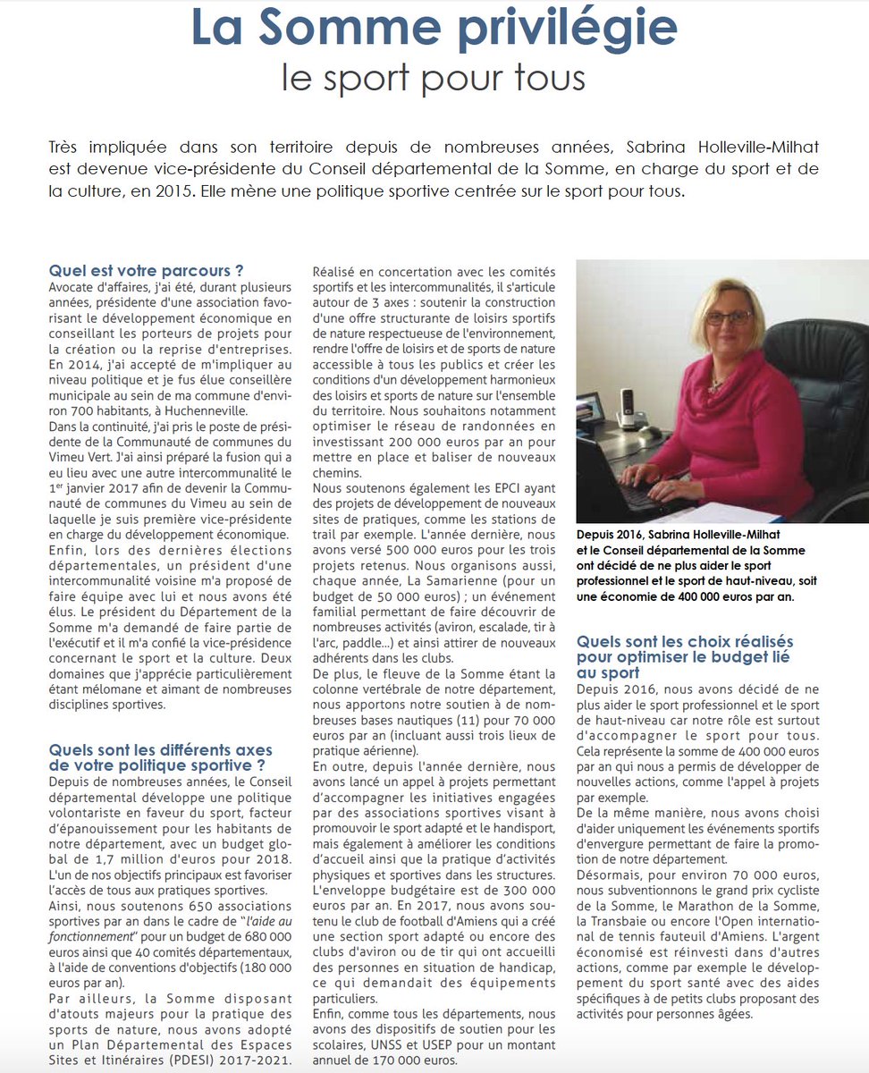 somme_di's tweet photo. Vous trouverez ci-dessous une interview donnée par Sabrina Holleville-Milhat, Vice-Présidente du Conseil départemental de la @Somme_fr en charge des actions sportives et culturelles, au magazine "TERRAINS DE SPORTS" concernant notre politique sportive. https://t.co/p82ShYd5lM